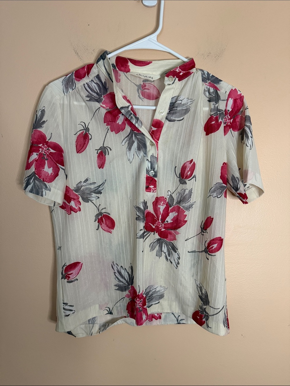 Canon Cream Button-Front Short Sleeve Blouse with Pink Floral Print